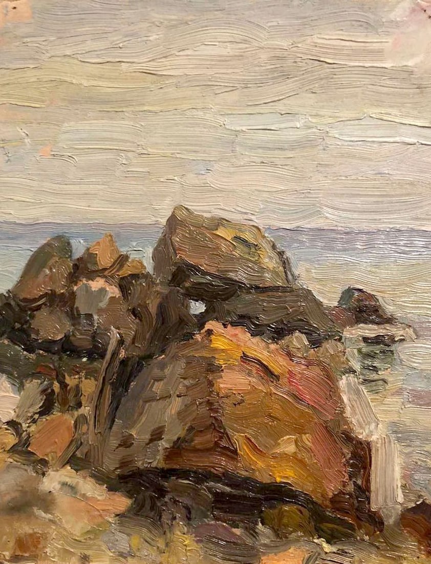 Oil painting Rocky coast Tsyganova: №GS 267 *** ABOUT THIS PAINTING *** * TITLE: "Rocky coast" * ARTISTS: Tsyganova * SIZE: 23.5x18.5 cm/'9.25x7.28 inches' * MEDIUM: oil, cardboard * HAND PAINTED: Original painting from our