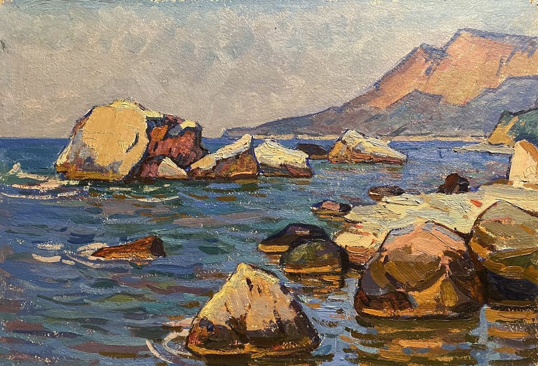 Oil painting Sea shore Grigoriy Ruban: №GS 403*** ABOUT THIS PAINTING **** TITLE: "Sea shore"* ARTISTS: Grigoriy Ruban* SIZE: 34.5x49 cm/'13.58x19.29 inches'* MEDIUM: oil, cardboard* HAND PAINTED: Original painting from our collectio