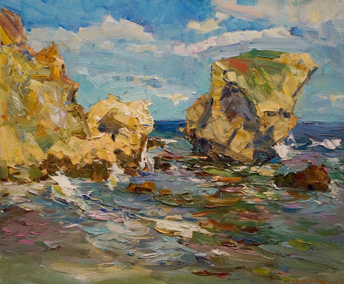 Oil painting Rocky coast Zaborovsky Leonid Alexandrovich: №Verns 974 *** ABOUT THIS PAINTING *** * TITLE: "Rocky coast" * ARTISTS: Zaborovsky Leonid Alexandrovich * SIZE: 50x60 cm/'19.68x23.62 inches' * MEDIUM: oil, canvas * HAND PAINTED: Original