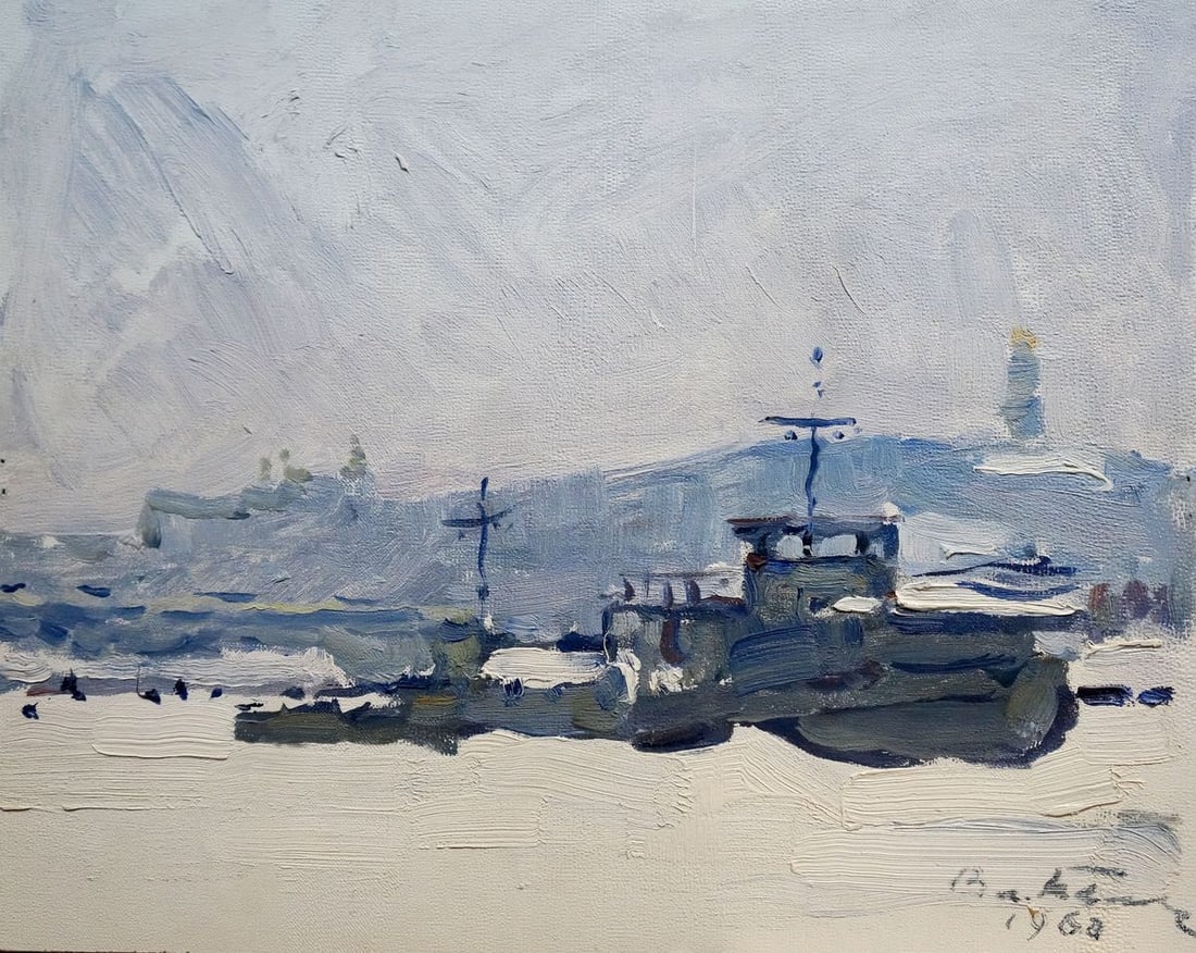 Oil painting In the port Belyak Vladimir Iosifovich: №Verns 1088 *** ABOUT THIS PAINTING *** * TITLE: "In the port" * ARTISTS: Belyak Vladimir Iosifovich * SIZE: 23x29 cm/'9.05x11.41 inches' * MEDIUM: oil, cardboard * HAND PAINTED: Original