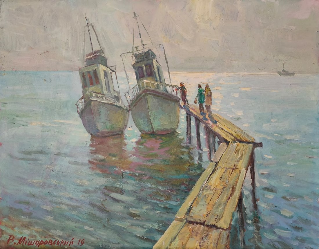 Oil painting On the pier Mishurovsky V. V.: №59 *** ABOUT THIS PAINTING *** * TITLE: "On the pier" * ARTISTS: Mishurovsky V. V. * SIZE: 39,6x50 cm/ 15,59x19,68 inches * MEDIUM: Oil, cardboard * HAND PAINTED: Original painting from our