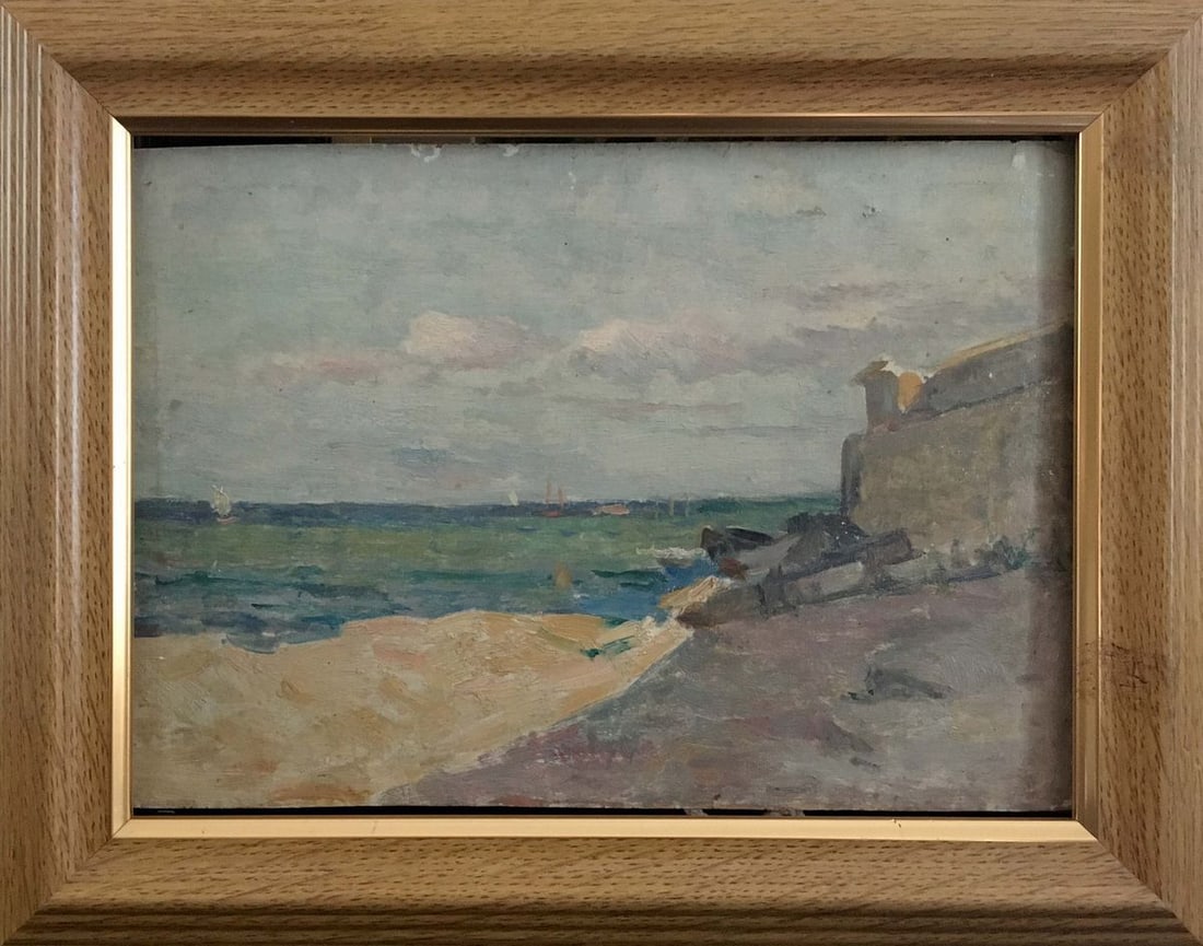 Oil painting Shore landscape Leonid Ovsiyovych Muchnyk: №Verns 33 *** ABOUT THIS PAINTING *** * TITLE: "Shore landscape" * ARTISTS: Leonid Ovsiyovych Muchnyk * SIZE: 15x21 cm/'5.90x8.26 inches' * MEDIUM: oil, cardboard * HAND PAINTED: Original painti