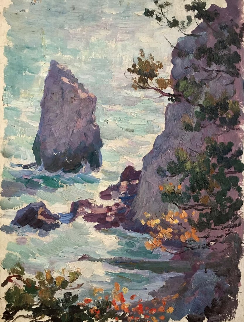 Oil painting Landscape with a shore: №Verns 40 *** ABOUT THIS PAINTING *** * TITLE: "Landscape with a shore" * ARTISTS: Unknown artist * SIZE: 35x46 cm/'13.77x18.11 inches' * MEDIUM: oil, cardboard * HAND PAINTED: Original