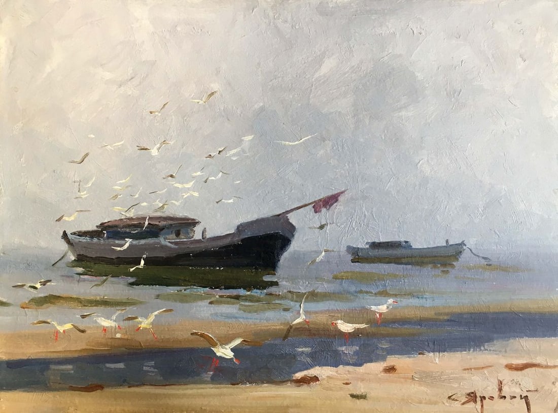 Oil painting Near the shore Yarovoy Stepan Kalinovich: №Verns 46 *** ABOUT THIS PAINTING *** * TITLE: "Near the shore" * ARTISTS: Yarovoy Stepan Kalinovich * SIZE: 40x50 cm/'15.74x19.68 inches' * MEDIUM: oil, cardboard * HAND PAINTED: Original paint
