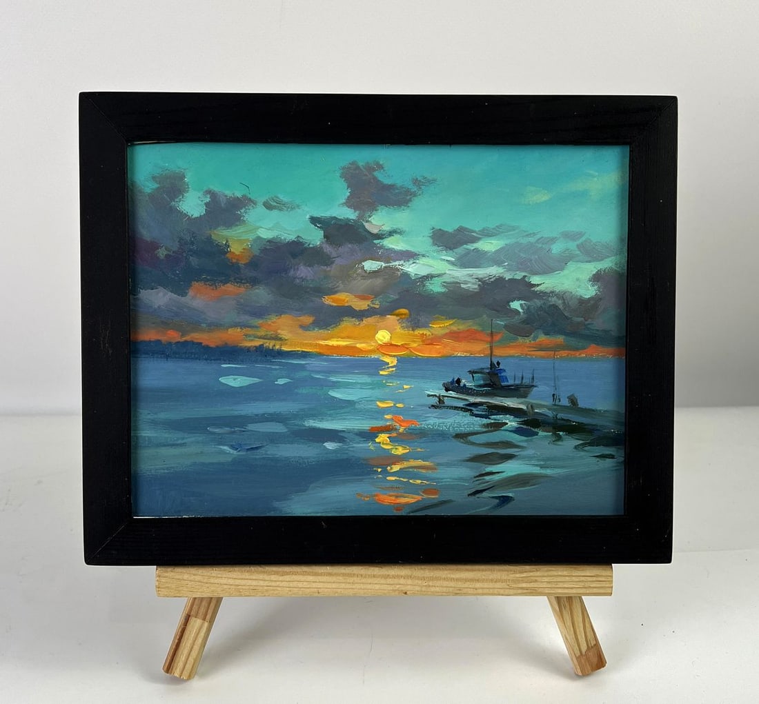 Oil painting Sunset on the Pier Yuriy Suprunchuk: №AAA6340*** ABOUT THIS PAINTING **** TITLE: "Sunset on the Pier"* ARTISTS: Yuriy Suprunchuk* SIZE: 15x20 cm/5.90x7.87 inches'* MEDIUM: oil, hardboard* HAND PAINTED: Original painting from our co