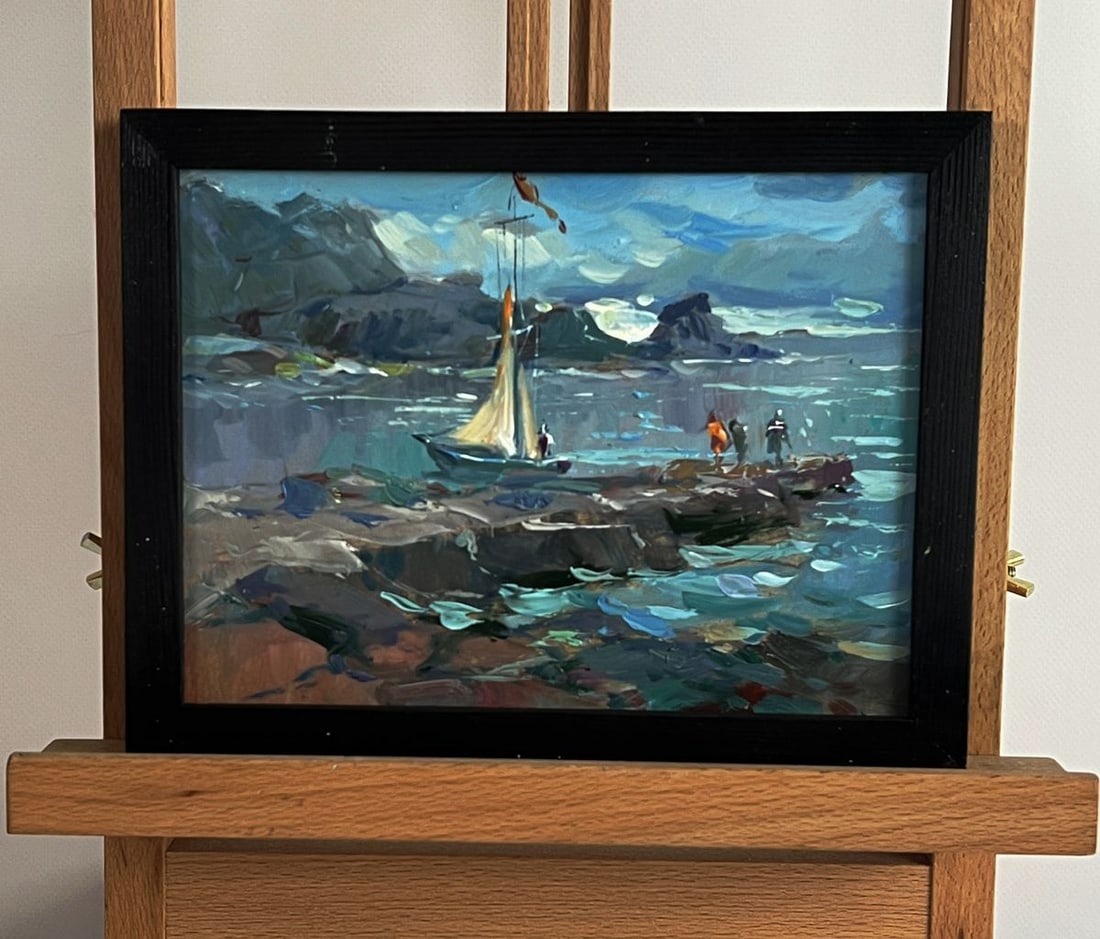 Oil painting A sailboat near the seashore Yuriy Suprunchuk: №AAA6005*** ABOUT THIS PAINTING **** TITLE: "A sailboat near the seashore"* ARTISTS: Yuriy Suprunchuk* SIZE: 15x20 cm/5.90x7.87 inches'* MEDIUM: oil, hardboard* HAND PAINTED: Original painting