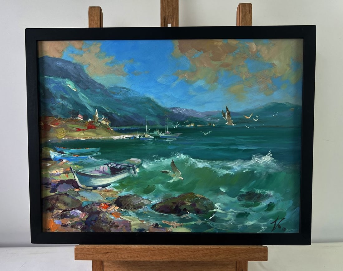 Oil painting The sea whispers and roars to the land Yuriy Suprunchuk: №AAA5486The Oil painting on Cardboard titled “The sea whispers and roars to the land” is a masterful depiction of the eternal dialogue between the restless ocean and the steadfast ea