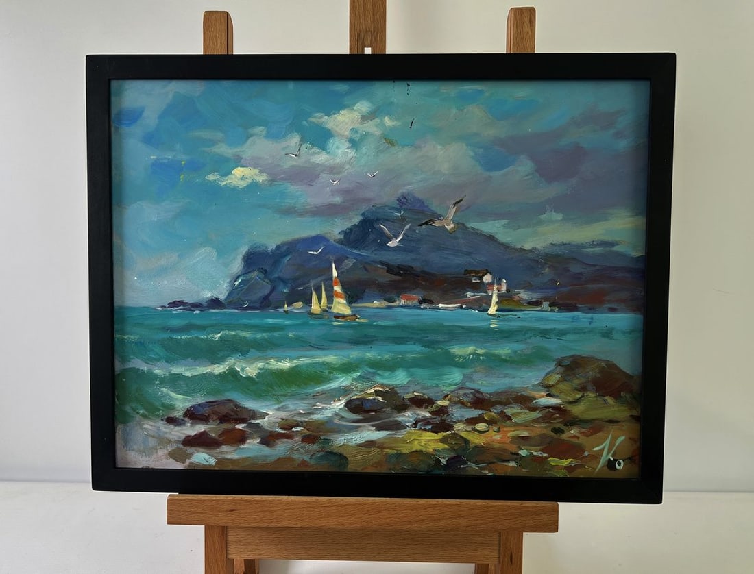 Oil painting Seagulls over the waves Yuriy Suprunchuk: №AAA5491The Oil painting on Cardboard titled “Seagulls over the waves” immerses the viewer in a vivid seascape where the boundless energy of the ocean collides with the grace of