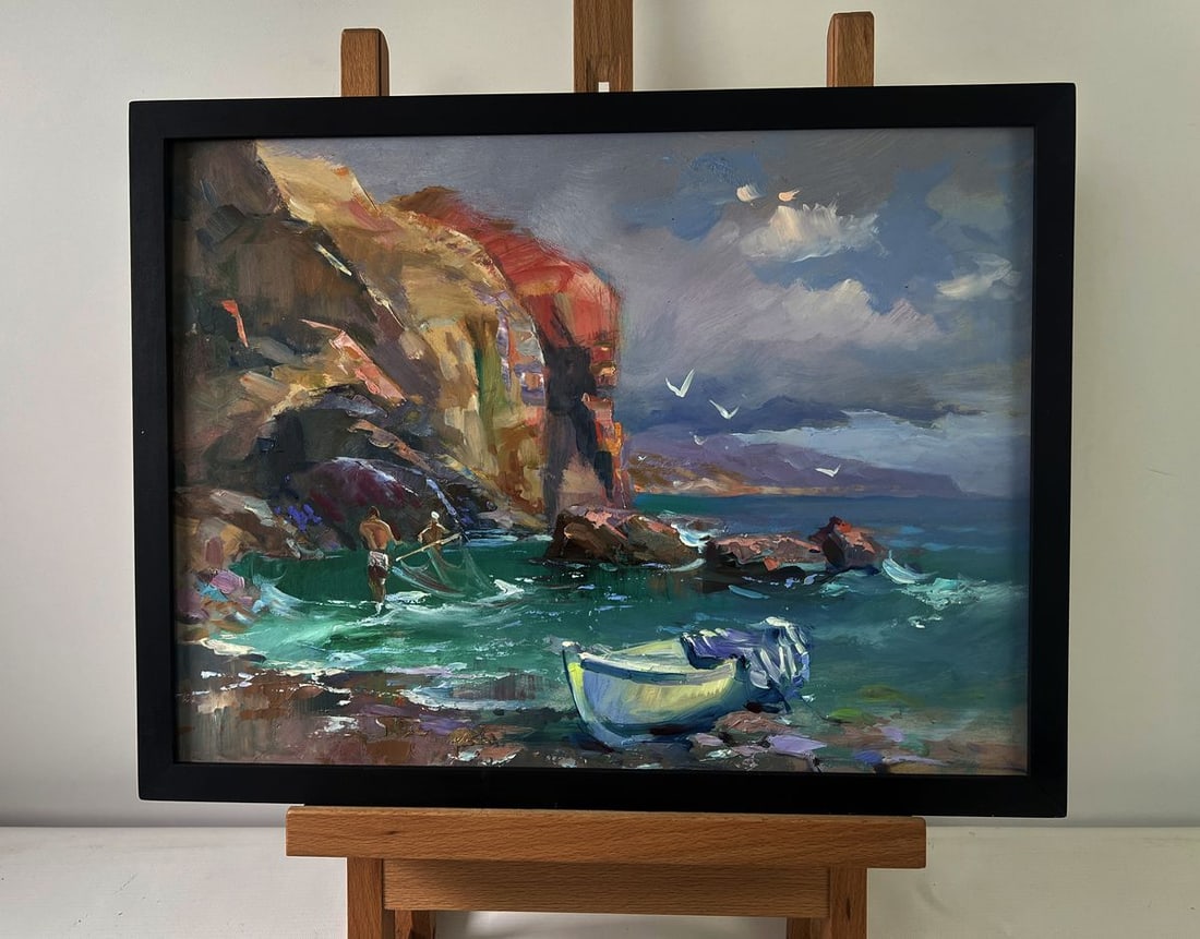 Oil painting Fishermen pull their nets into the sea Yuriy Suprunchuk: №AAA5494The Oil painting on Cardboard titled “Fishermen pull their nets into the sea” captures a powerful and atmospheric coastal scene where human resilience meets the raw, untamed 