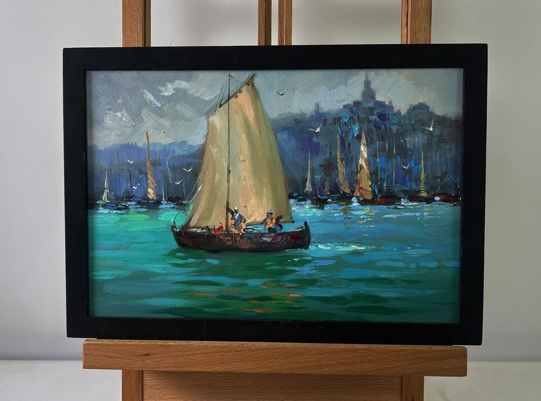 Oil painting Fishermen greet the dawn at sea Yuriy Suprunchuk: №AAA5501The Oil painting on Cardboard titled “Fishermen greet the dawn at sea” is a poetic celebration of human resilience, nature’s grandeur, and the eternal rhythm of life