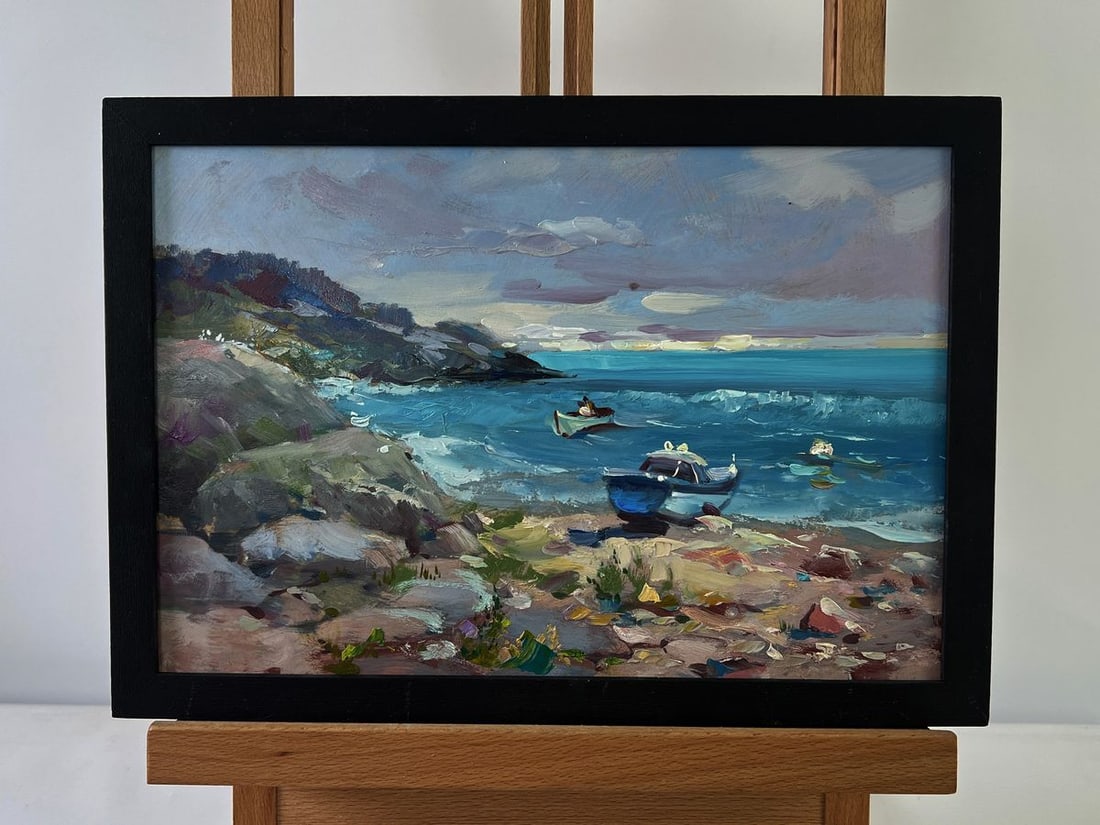 Oil painting Sea waves crashing against sharp shores Yuriy Suprunchuk: №AAA5539The Oil painting on Cardboard titled “Sea waves crashing against sharp shores” captures the raw, unrestrained power of nature, harmoniously blended with human presence,