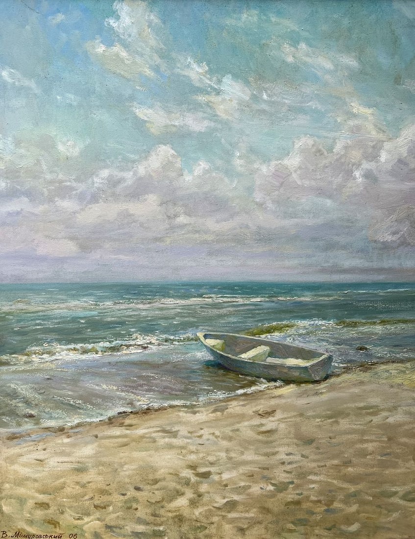 Oil painting Noon at sea V. Mishurovsky: №252"Noon at Sea" by Viktor Myshurovsky is a tranquil depiction of a quiet moment on the beach, where the sea meets the sand under a vast, softly clouded sky. The centerpiece of the painting is