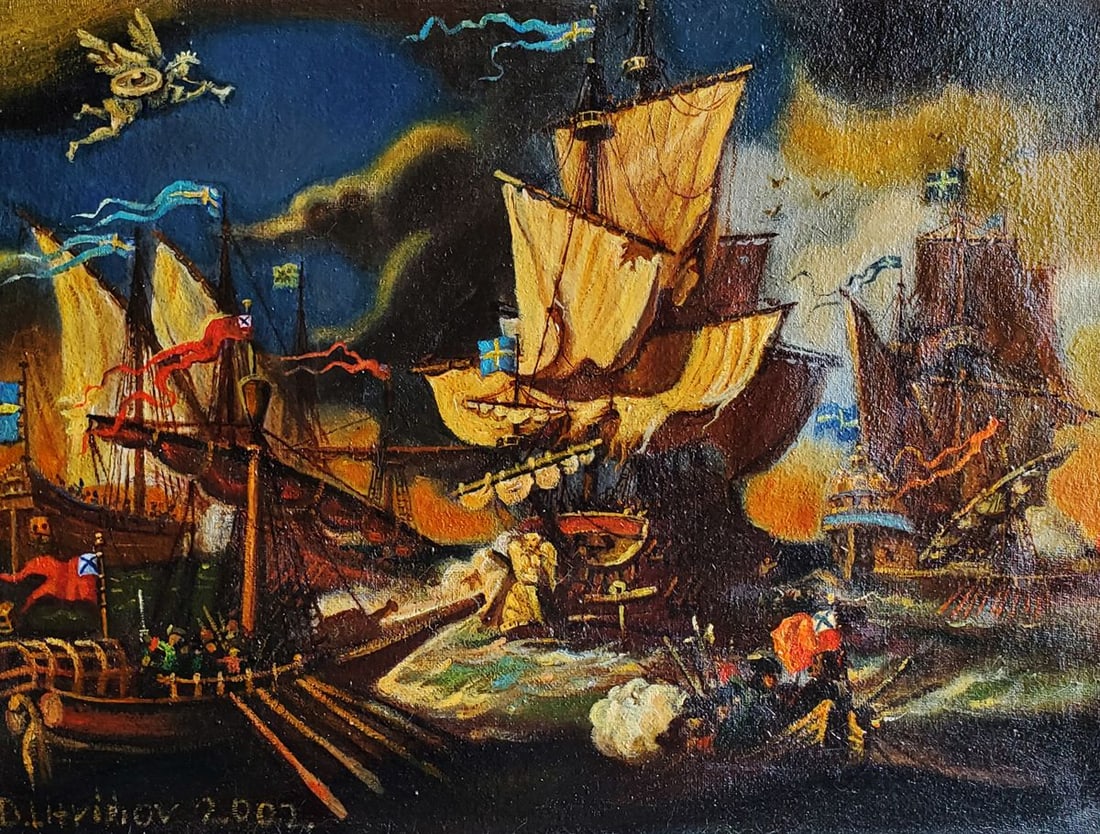 Oil painting Fights at sea Daniil Litvinov: №Litv 1189Price for 3 paintings in a set: $1200*** ABOUT THIS PAINTING **** TITLE: "Fights at sea" - Peter the Great - Triptych - Right side* ARTISTS: Daniil Litvinov* SIZE: 40x30 cm/'15.74x11.8