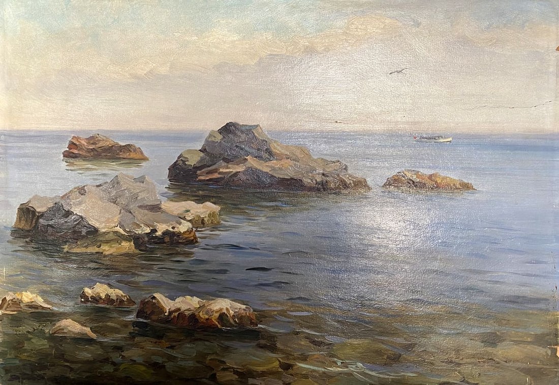 Oil painting Rocky coast Strelov Arkady Efimovich: №Verne 333*** ABOUT THIS PAINTING **** TITLE: "Rocky coast"* ARTISTS: Strelov Arkady Efimovich* SIZE: 50x70 cm/'19.68x27.55 inches' * MEDIUM: oil, cardboard* HAND PAINTED: Original painting from