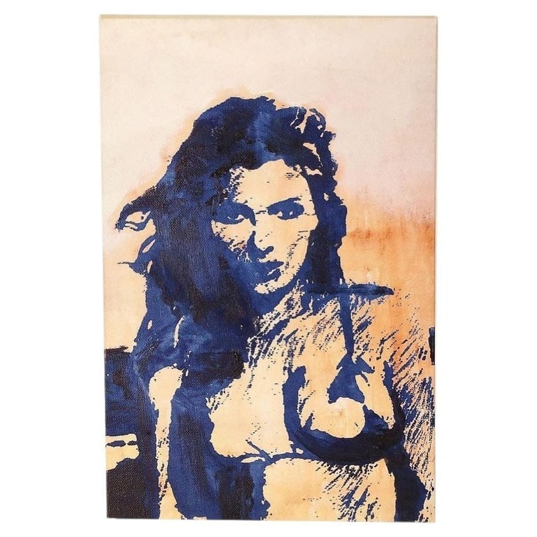 2000s Female Beach Portrait Pop-art Gicle Print on Canvas: Y2K female portrait rendered in a bold, deeply saturated blue, this piece is done in the screen printing style. The figure is balanced against a warm, highly textured light amber background that lets