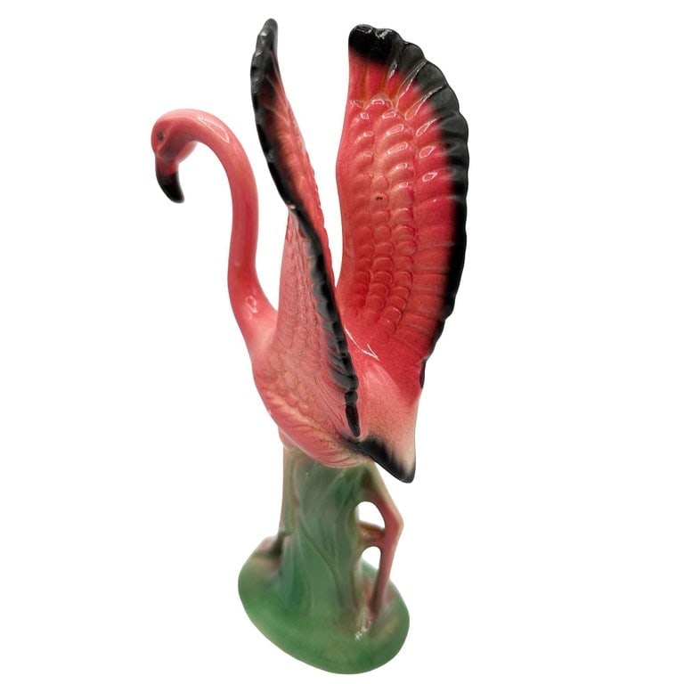 Mid-Century Open Wing Pink Flamingo Ceramic Tabletop Statue By Leftons - 2
