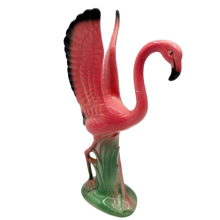 Mid-Century Open Wing Pink Flamingo Ceramic Tabletop Statue By Leftons - 4