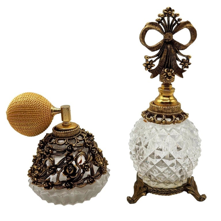 1950 Hollywood Regency Matson Gold Gilt Floral and Glass Perfume Atomizer and Bottle (1 of 11)