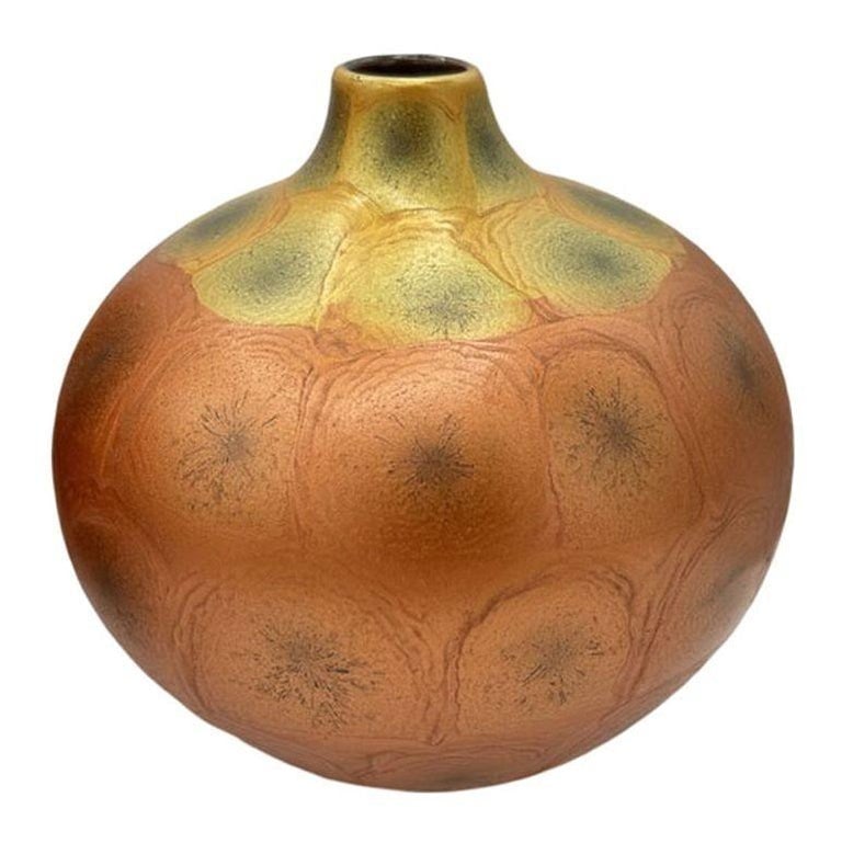 Art Nouveau Weller Style Iridescent Amber and Gold Raku Fired Vase, Pair - 10