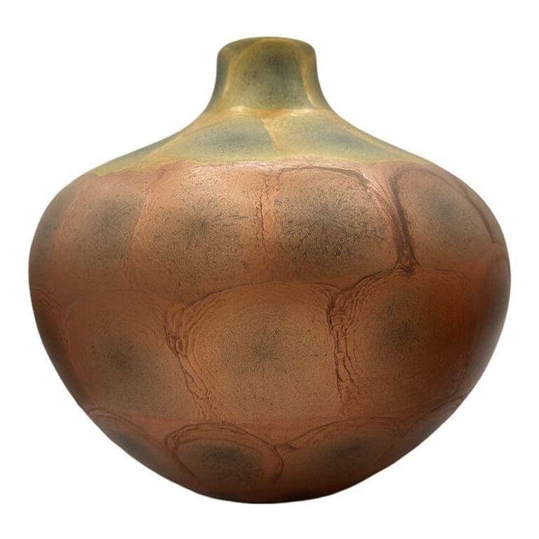 Art Nouveau Weller Style Iridescent Amber and Gold Raku Fired Vase, Pair - 12