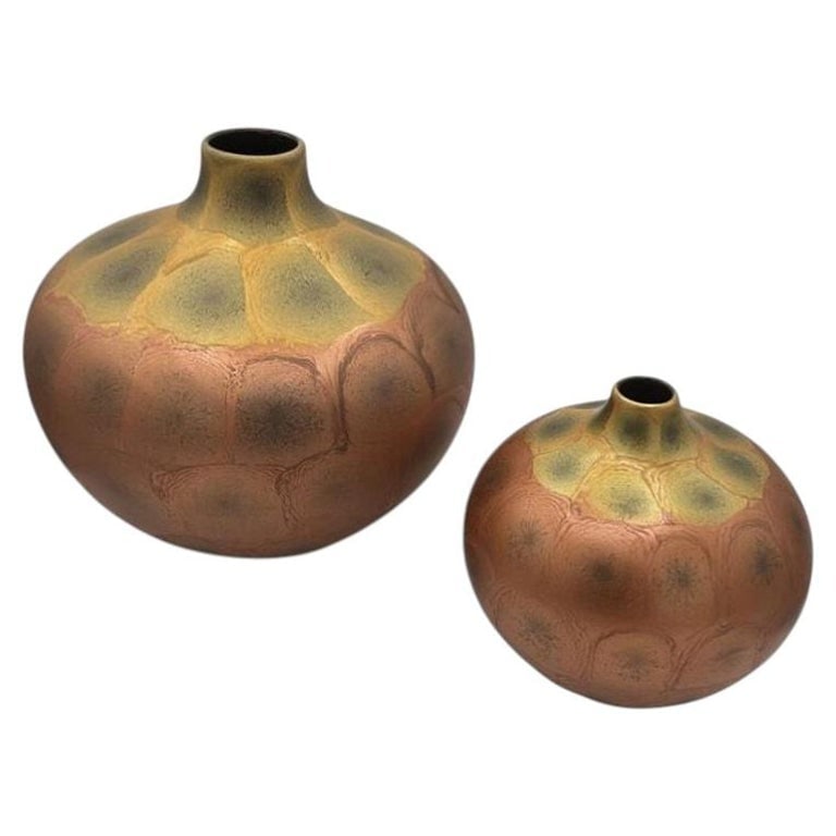 Art Nouveau Weller Style Iridescent Amber and Gold Raku Fired Vase, Pair (1 of 14)