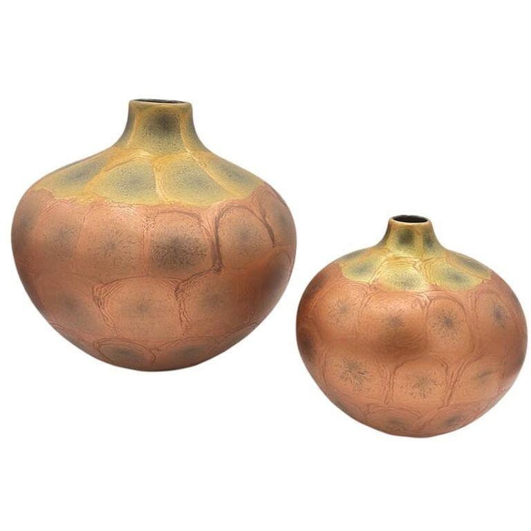 Art Nouveau Weller Style Iridescent Amber and Gold Raku Fired Vase, Pair - 2