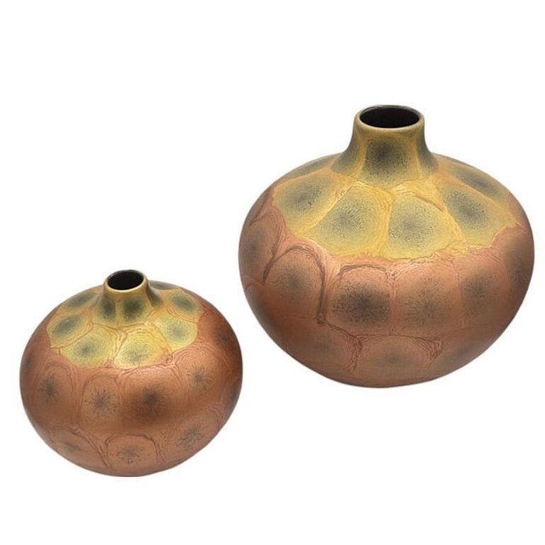 Art Nouveau Weller Style Iridescent Amber and Gold Raku Fired Vase, Pair - 3