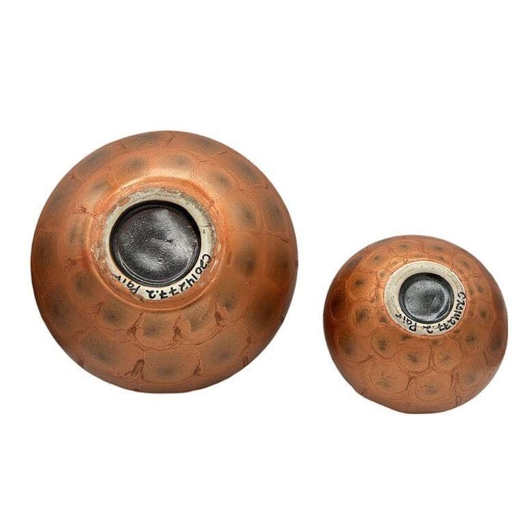 Art Nouveau Weller Style Iridescent Amber and Gold Raku Fired Vase, Pair - 4