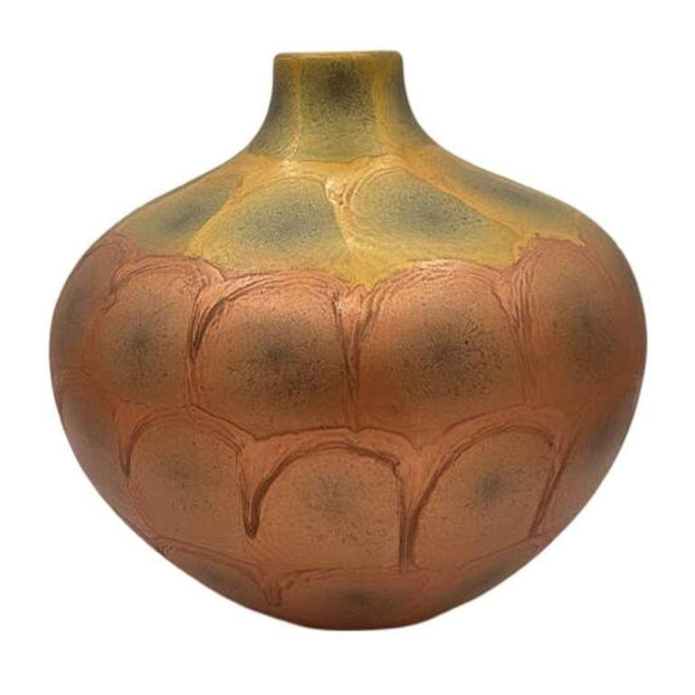 Art Nouveau Weller Style Iridescent Amber and Gold Raku Fired Vase, Pair - 5