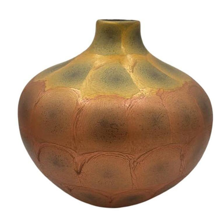 Art Nouveau Weller Style Iridescent Amber and Gold Raku Fired Vase, Pair - 6
