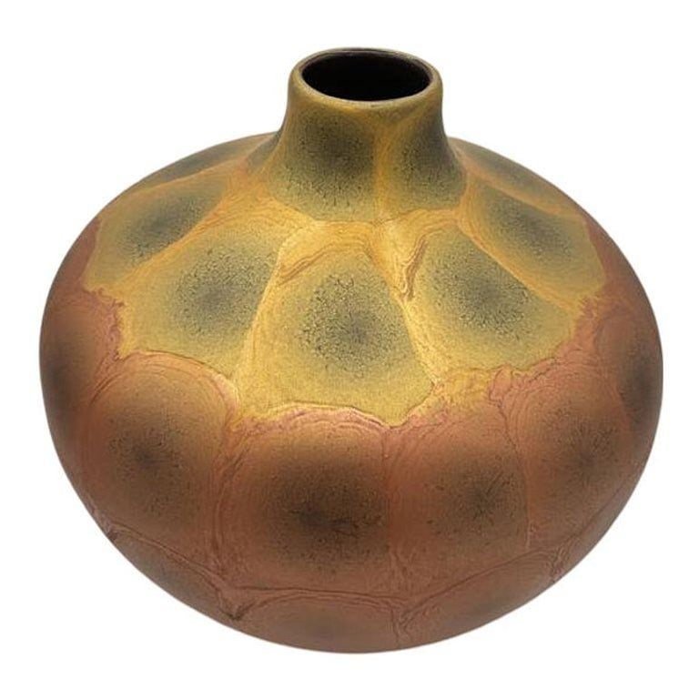 Art Nouveau Weller Style Iridescent Amber and Gold Raku Fired Vase, Pair - 7