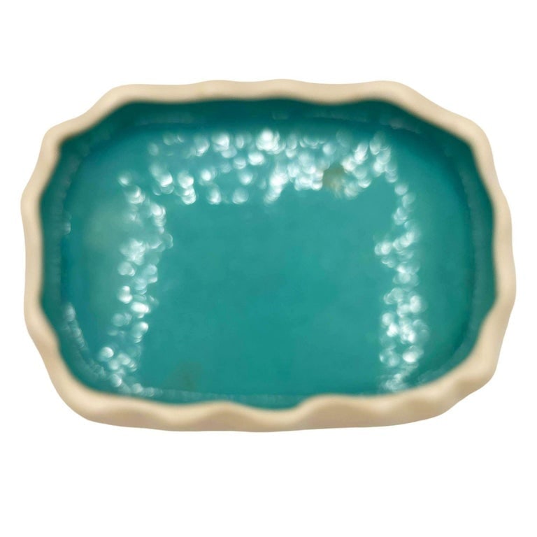 Mid-century Low Edged Aqua Colored Pond Themed Pottery Candy Dish - 2