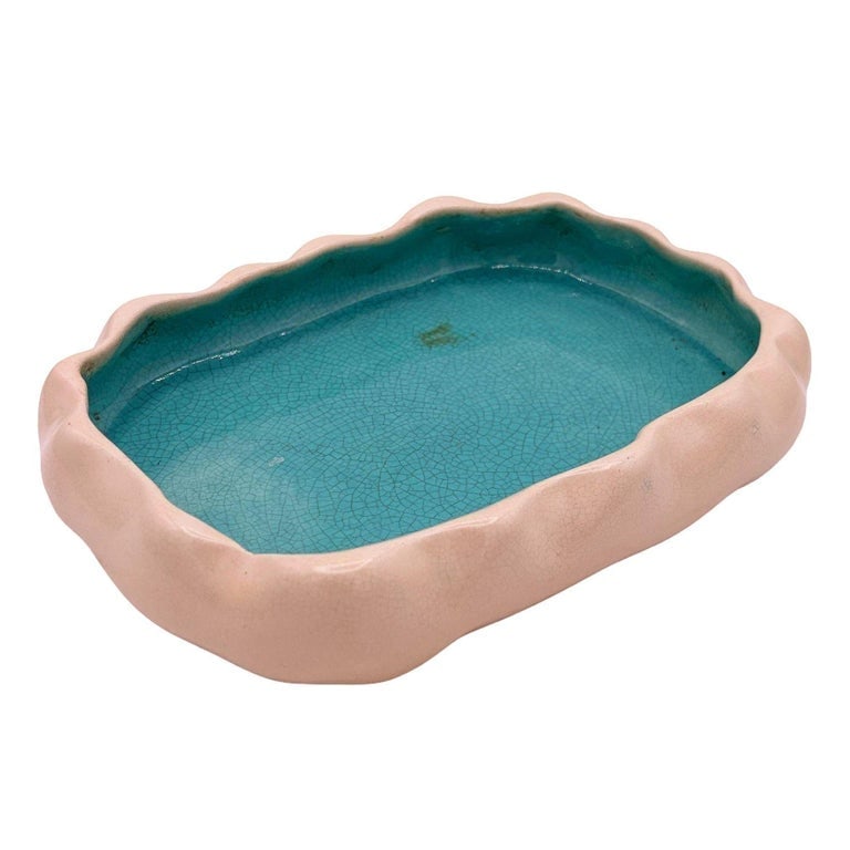 Mid-century Low Edged Aqua Colored Pond Themed Pottery Candy Dish - 3