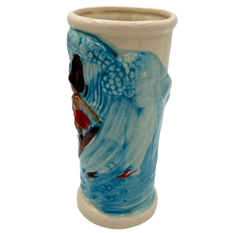1980 Trader Dick's Casino Surfer Hula Girl Riding Wave Blue Ceramic Tiki Mug - 2