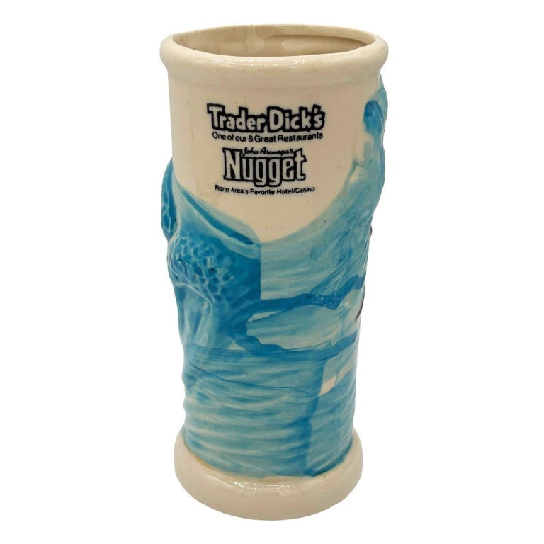 1980 Trader Dick's Casino Surfer Hula Girl Riding Wave Blue Ceramic Tiki Mug - 3