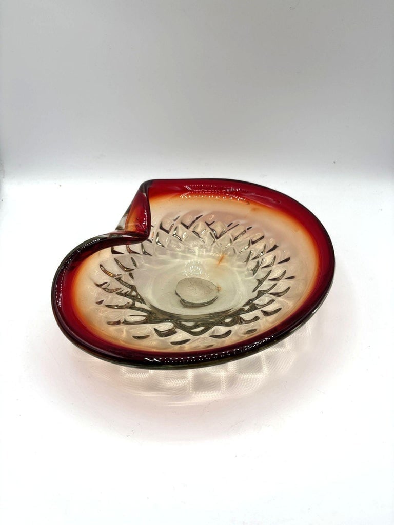 Mid-Century Italian Murano Art Glass Folded Edge Bowl w/ Ruby Rim - 10