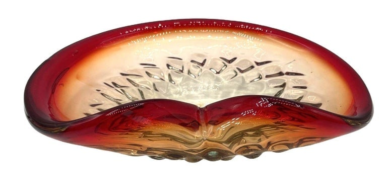 Mid-Century Italian Murano Art Glass Folded Edge Bowl w/ Ruby Rim - 4
