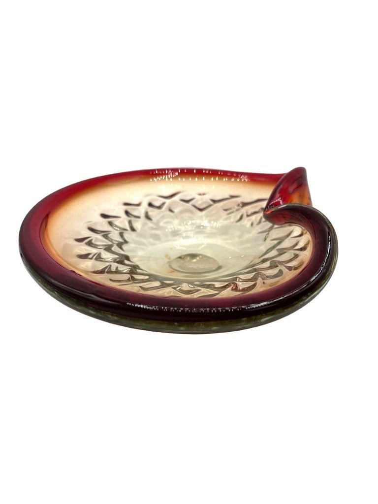 Mid-Century Italian Murano Art Glass Folded Edge Bowl w/ Ruby Rim - 9