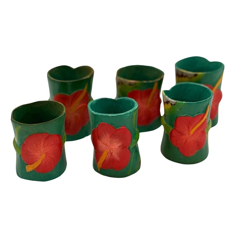 Mid Century Hawaiian Hand Carved Napkins Rings w/ Hand Painted Floral, Set of 6: Napkin Rings Holders Hand-painted and hand-carved Floral Green Tropical Theme Set of 6. Charming set of six vintage-inspired wooden napkin rings. Each piece is beautifully hand-painted with a vibrant 