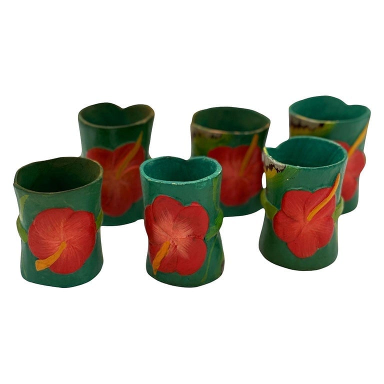 Mid Century Hawaiian Hand Carved Napkins Rings w/ Hand Painted Floral, Set of 6 - 2