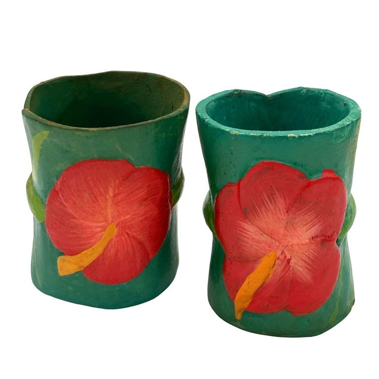 Mid Century Hawaiian Hand Carved Napkins Rings w/ Hand Painted Floral, Set of 6 - 3