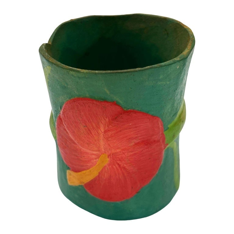 Mid Century Hawaiian Hand Carved Napkins Rings w/ Hand Painted Floral, Set of 6 - 7