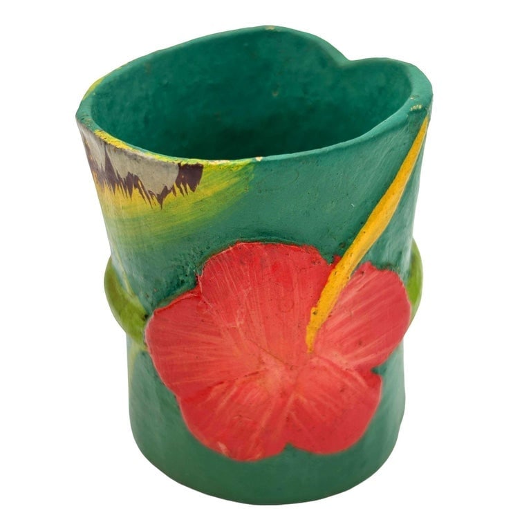 Mid Century Hawaiian Hand Carved Napkins Rings w/ Hand Painted Floral, Set of 6 - 8
