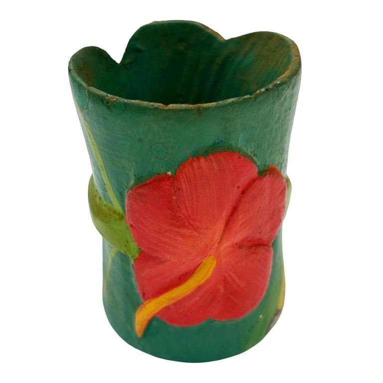 Mid Century Hawaiian Hand Carved Napkins Rings w/ Hand Painted Floral, Set of 6 - 9