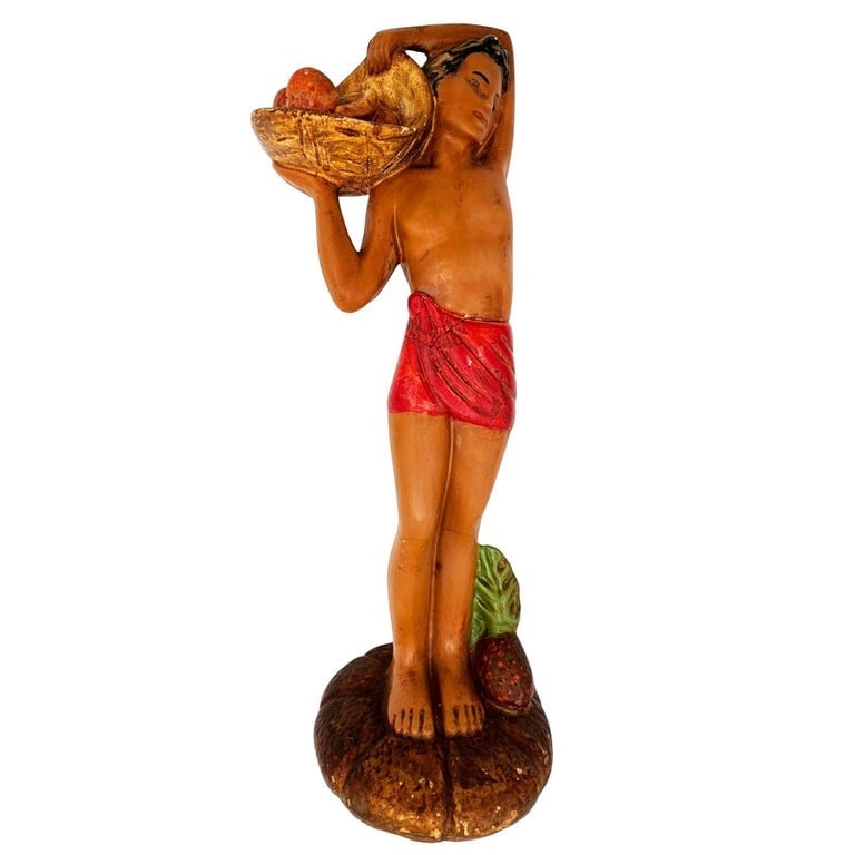 Mid-Century Native Boy w/ Fruit Offering Ceramic Hand Painted Sculpture - 2