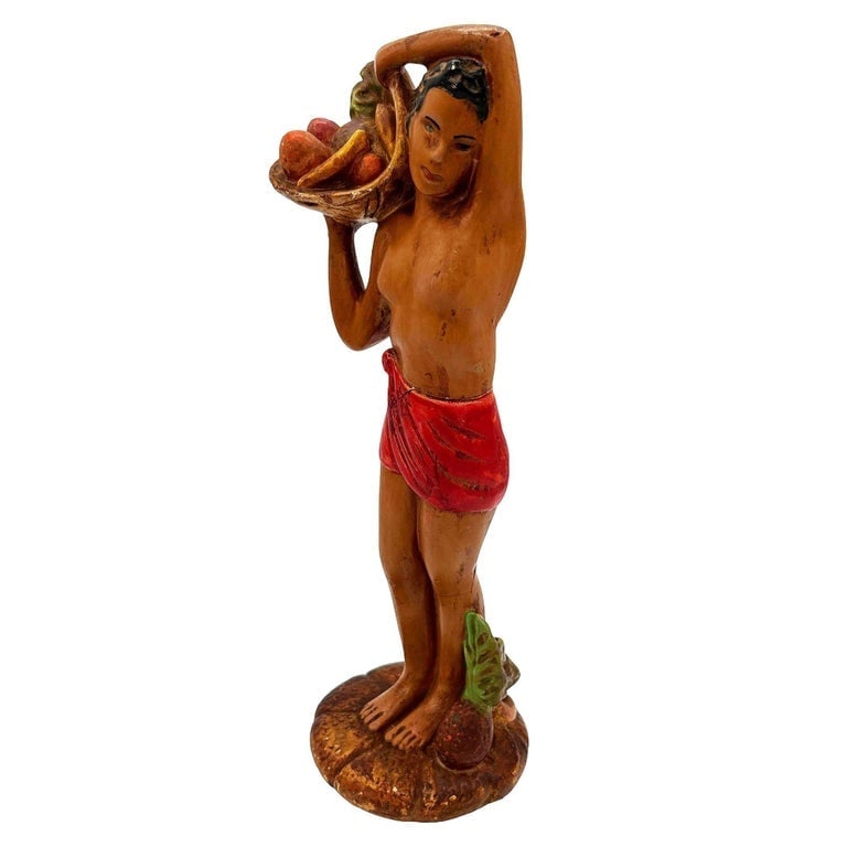 Mid-Century Native Boy w/ Fruit Offering Ceramic Hand Painted Sculpture - 3