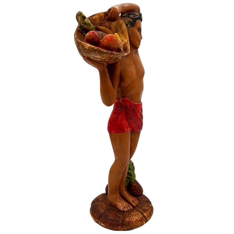 Mid-Century Native Boy w/ Fruit Offering Ceramic Hand Painted Sculpture - 4