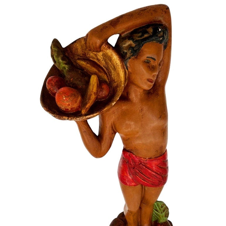 Mid-Century Native Boy w/ Fruit Offering Ceramic Hand Painted Sculpture - 6