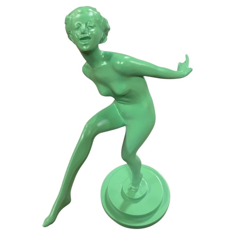 Frankart Style Art Deco Dancing Nymph Green Spelter Metal Statue: Frankart style Art Deco Dancing Nymph style statue from 1920. This model, often titled the 'Dancing Nymph,' features a stylized figure figure in a dynamic dancing pose. It is cast from spelter metal w