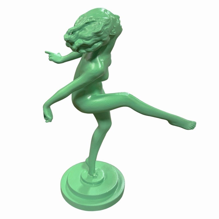 Frankart Style Art Deco Dancing Nymph Green Spelter Metal Statue - 2